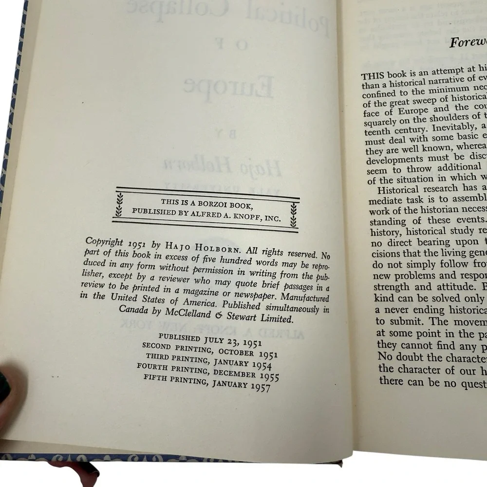 The Political Collapse of Europe By Hajo‎ Holborn 1957 Alfred Knopf Vintage Book